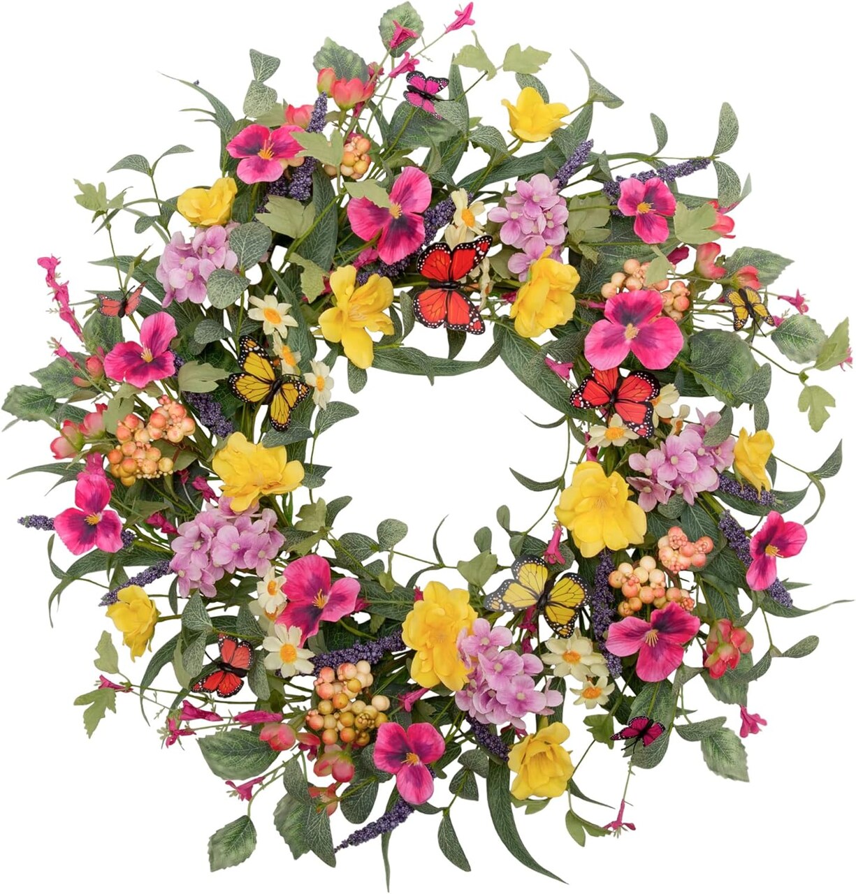 20 inch Flower Wreath Summer Floral Door Wreath Artificial Summer Wreath Decorations with Colorful Silk Flowers and Butterflies